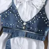 2022ファッションの子供の赤ちゃんの女の子の服セットソリッドカラー長袖シャツのドレスデニムビーズベスト2ピースと真珠の衣装服