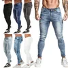 GINGTTO Jeans Hombres Cintura elástica Skinny Jeans Hombres Stretch Ripped Pants Streetwear Mens Denim Jeans Blue 220504