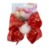 8 Inch Christmas Grils Barrettes Snowflake Print Hair Bows for Girls Pompom Fur Ball clip Kids Xmas Party Accessories
