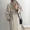 Women's Wool & Blends Women Elegant Long Coat With Belt Solid Color Sleeve Chic Outerwear Ladies Overcoat Autumn Winter