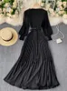 Women Elegant Maxi Dress Spring Summer Patchwork Puff Long Sleeve Pleated Muslim Long Dresses Ladies Party Dress 220316