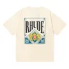 Rhude Mens Designer Rhude T-Shirts Round Neck T Shirt Men Women Tee Printed Men High Weight Double Yarn Bomull Kort ärm T-shirt