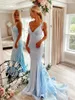 Spaghetti Straps Mermaid Evening Dresses 2022 V Neck Appliques Sweep Train Backless Satin Formal Prom Gowns