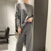 Women's Two Piece Pants Women's Spring And Autumn Women's Round Neck Curled Sweater Lazy Fashion Casual Knitted Pure Wool Two-Piece