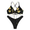 Women's Swimwear Women Sunflower Floral Print Bikini Set High Waist Two Piece Split Swimsuit Brazilian Triangle Solid Color Pant