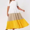 Abiti taglie forti Abito a maniche corte plissettato lungo da donna, Grande, Bianco, Giallo, Marrone chiaro, Cucito, Ampio, Casual, Vacanza, Maxi, 4XL, Estate 20