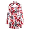 Casual Dresses Sexy Cut Out Floral Print Long Flare Sleeve Bodycon Dress Summer Satin Turtleneck Backless Night Club Evening Party Mini