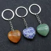 Keychains Heart Natural Crystal Healing Stone Green Aventurine Pink Quartz Tiger Eye Keyring Silver Color Car Key Holder Deceychains