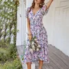 Casual jurken bloemenprint bohemia voor vrouwen 2022 wrap v nek korte mouw ruches ruche hem maxi sexy spleet zomerjurkcasual