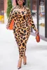 Plus Size Dresses Open Back Long Dress Leopard Skirt Women Clothing Full Sleeve Bodycon Outfit Curved Vestido De Mujer 4XL 5XL