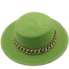 Lime Green Flat Top Strohhut mit goldener Kette Damen Sommer Outdoor Sonnenschutz Strandhüte Damen Sombreros De Playa