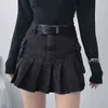 Houzhou punkowy czarny jeansowy mini spódnica plisowana kobiety seksowne grunge wysoko w paski kieszonkowe patchwork a-line dżinsowa spódnica e girl streetwear t220819