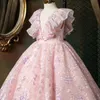 Robes de fille rose tulle filles princesse formelle à manches courtes courtes enfants de bal de bal robes robes fleuris