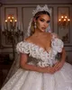 Arabia Princess Puffy Ballkleid Hochzeitskleid 3D Blumen Schulterfrei Kurzarm Brautkleider Kristall Brautroben Nach Maß