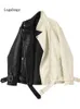 Lagabogy Spring Autumn Oversized Black Pu Leather Contrast Color Jacket Female Moto Frenulum Faux Soft Leather Coat With Belt L220728