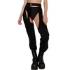 Hirigin Calça Feminina com Fivelas Sem Fundo Calça Cargo Cintura Alta Sem Crothchless Color Block Boggy Longo Rave Legging 220725gx