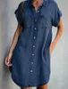 Sommer Frauen Knie-Länge Kleid Mode drehen-unten Kragen Kurzarm Taste Denim Hemd Kleid Frau Casual Große Größe jean Kleider