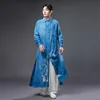 중국 스타일의 민족 의류 동양 의상 남성용 한 푸 코튼 린넨 긴 가운 남성 블루 프린트 전국 패턴 스트리트웨어 로브