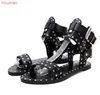 Vinapobo Summer Multiple Buckle Rivets Peep Toe Ankle Wrap Women Sandals Open Metal Back Strap Flat Heels Lady Shoes220513