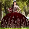 Mexican Girls Burgundy Quinceanera Dresses Removable Sleeves Lace Applique Sweet 16 Pageant Gowns Velvet Vestidos de XV anos