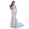 Элегантное свадебное платье русалки с длинным рукавами глубоко v шея аппликации кружево длина пола Стильные полые иллюзии без спины.