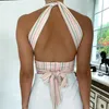 Striped Print Sexy Cropped Halter Camis Women Summer Backless Vneck Cute Tops Clubwear Laceup Corset Shirts Cuteandpsycho 220526