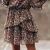 サウスパイアブラックフローラルプリントAラインフリルヴィンテージドレス女性用長袖セクシーなミニカジュアルパーティードレスデイリーレディース服220513