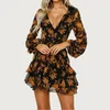 Robes décontractées femmes col en V à manches longues en mousseline de soie robe d'été sexy à lacets bouquet imprimé plage mini balançoire robe décontractée