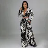Women's Two Piece Pants Women's Aniow Black And White Flower Print Pleated Scarf Collar Long Sleeve Crop Top Wide Leg With Pocket Set