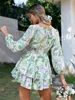 Holiday Sash Long Sleeve Ruffle Print Romper Summer Women Lace Up Floral Short Overall Aline Vneck Beach Rompers 220613