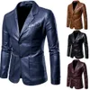 Retro Solid Color Mens Leather Suit Blazer Jacket Men Casual Business Wedding Long Sleeve Coat
