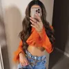 Oranje Blouses Lange Mouwen Met Veer Y2k Kleding Chic Lady T-shirt Taille Banden Top Vrouwen Tops Sexy Mouw T-shirts Party 220728