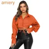 Summer New Long Sleeved Women Crop Tops Solid Color Cardigan Bandage Blouse Lapel Single Breasted Urban Leisure Fashion Shirt