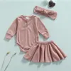 Ensembles de vêtements d'automne pour filles, vêtements pour bébés en bas âge, à carreaux solides, manches longues, barboteuse plissée, jupes trapèze, couvre-chef