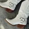 BONJOMARISA Croc Print White Cowboy Mid Calf Autumn Slip On Metal Chain Roman Style Casual Ridding Boots Shoes 220810