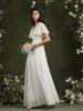 Beige Chiffon Loose Beach Summer Bridesmaid Dress for Women Elegant Flare Short Sleeve Ribbon Belt Maxi Party Dresses Vestido Largo cps3014