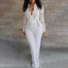 Women's Jumpsuits & Rompers Lugentolo Womens White Lace Stitching Long Sleeve V-neck Plus Size Wide Leg Pants Office Lady For WomenWomen's