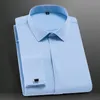 Men's Classic French Cuff Dress Shirts Long Sleeve No Pocket Tuxedo Male Shirt with Cufflinks Formal Party Wedding White Blue 220621