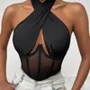 Viifaa Sexy Hollow Out Criss-Cross Halter Mesh Corset Top Kobiety Clubwear Summer Clothing Backless Black Tank Tops 220325