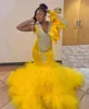 Yellow Veet Mermaid Prom Dresses For Black Girls Sexy V Neck Beaded Long Sleeves Sweep Train Formal Evening Ocn Gowns