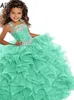 Organza ruffles Little Girl's Pageant Dresses Halter Sparkle Rhinestones pärlor Princess Ball klänning formella barn småbarn blommor flicka klänning för bröllop fest cl0574