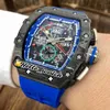 Luxury Mens Mechanics Watch Richa Milles Wristwatches Flyback Big Date Top Black Carbon Fiber Rm11-04 Miyota Autoamtic Mechanical Skeleton