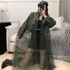 Chic Design Solid Color Long Mesh Gauze Stitching PU Leather Coat 2020 Spring New Women Fashion Black/Green Outwear With Belt L220728