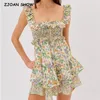 Seksi Çiçek Baskı Arka Bel Hollow Dış Sırtsız fırfır kayış mini elbise kolsuz kısa tank elbiseler tatil kadın cüppe 220511