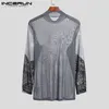 남성 T 셔츠 터틀넥 메쉬 투명 프린트 섹시한 긴 소매 피트니스 파티 Camisetas Streetwear Undershirt INCERUN 7 220616