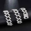 Zinc Alloy Iced Out Diamond 19mm 2 Row Prong Cuban Chain Bracelet Necklace Icy Hip Hop Jewelry Set for Men Women Rapper