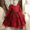 Red Girls Lace Party Dress Long Sleeve Flower Elegant Wedding Evening Clown Backless Bow Tulle Princess Pageant Formell klänning G220428