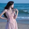 Casual Dresses Retro French Style Pink Dress For Slim Lady Summer Jacquard Lace Spaghttti Strap Sexy Long Party Night Robe Rose VestidoCasua