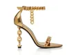 Elegant guldkedja med ankelband och klackar sandaler stilettklackar kvinnor Fest kvällsskor 10,5 cm öppen tå metallic Skulpturell klack Spegel läder lyxdesigners
