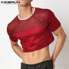 Mode Crop Tops Patchwork See Through Sexy Short Sleeve T Shirts Streetwear Party Niglub Men Clothing Incerun 5xl 220610